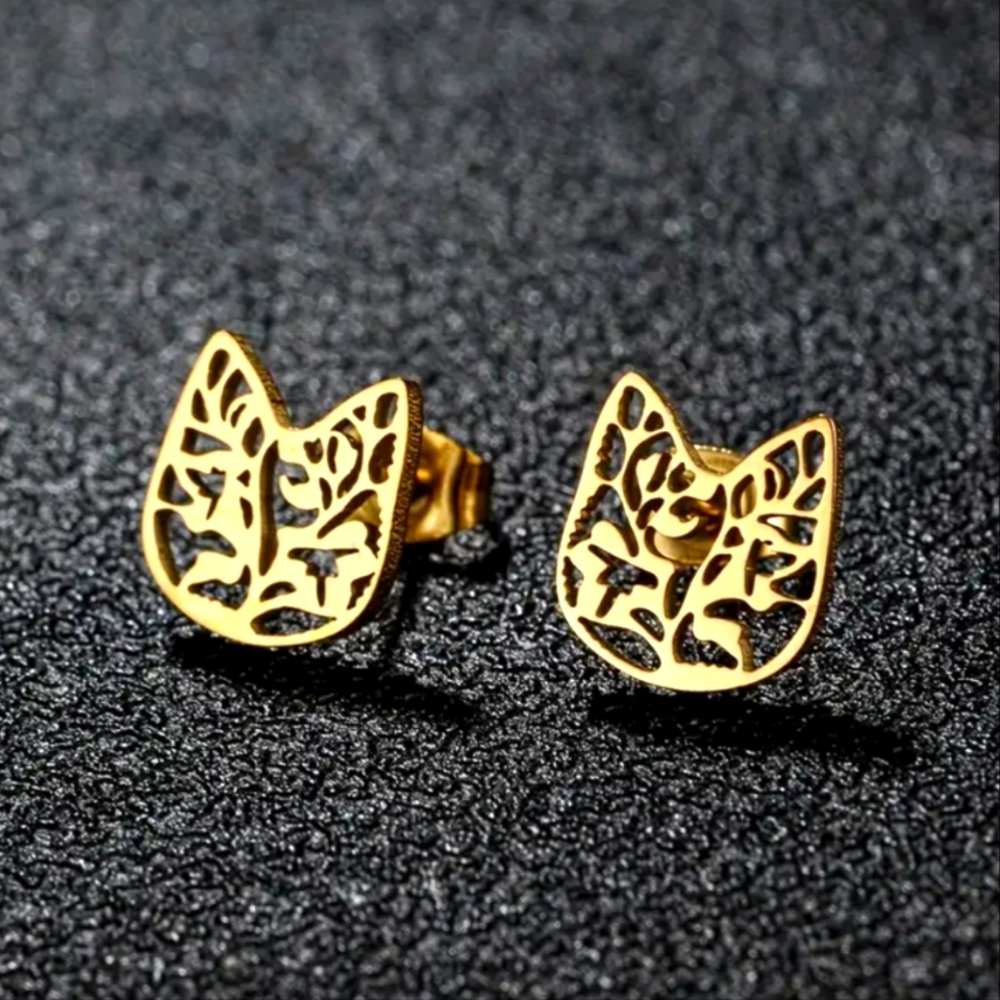 STAINLESS  Steel Gold tone Floral Cat Stud Earrings Rose Gold